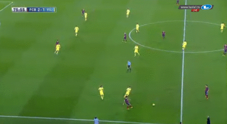 Eine GIF: Villareal zuerst im klaren 4-4-2 und dann in der Umwandlung zum 4-4-1-1, wenn Barcelona die vorderste Reihe überspielte
