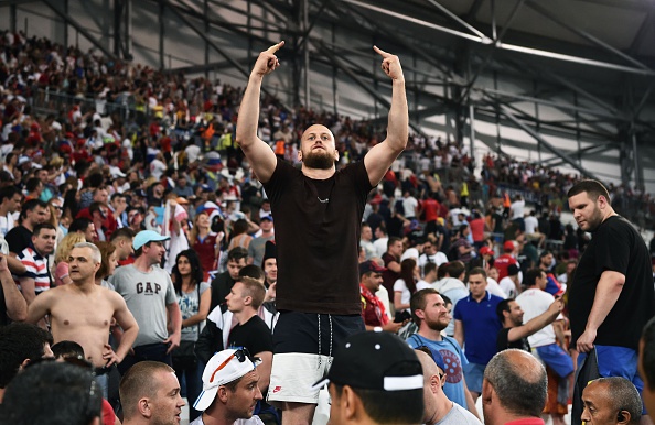 A Russia supporter gestures during the Euro 2016 group B football match between England and Russia at the Stade Velodrome in Marseille on June 11, 2016. / AFP / BERTRAND LANGLOIS (Photo credit should read BERTRAND LANGLOIS/AFP/Getty Images)